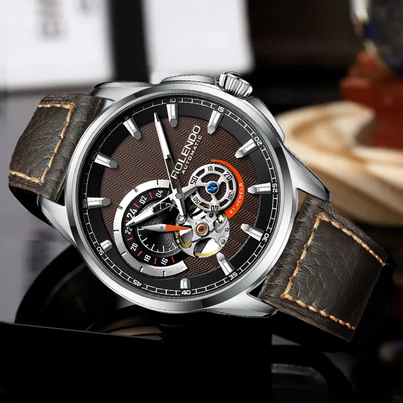 ROLENDO R Automatic Mechanical Movement Cowhide Strap Watch Men's Watches Coffee Watch Dial-1