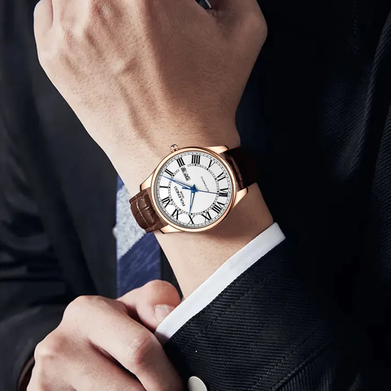 ROLENDO R Automatic Mechanical Movement Cowhide Strap Watch Men's Watches White Dial-3
