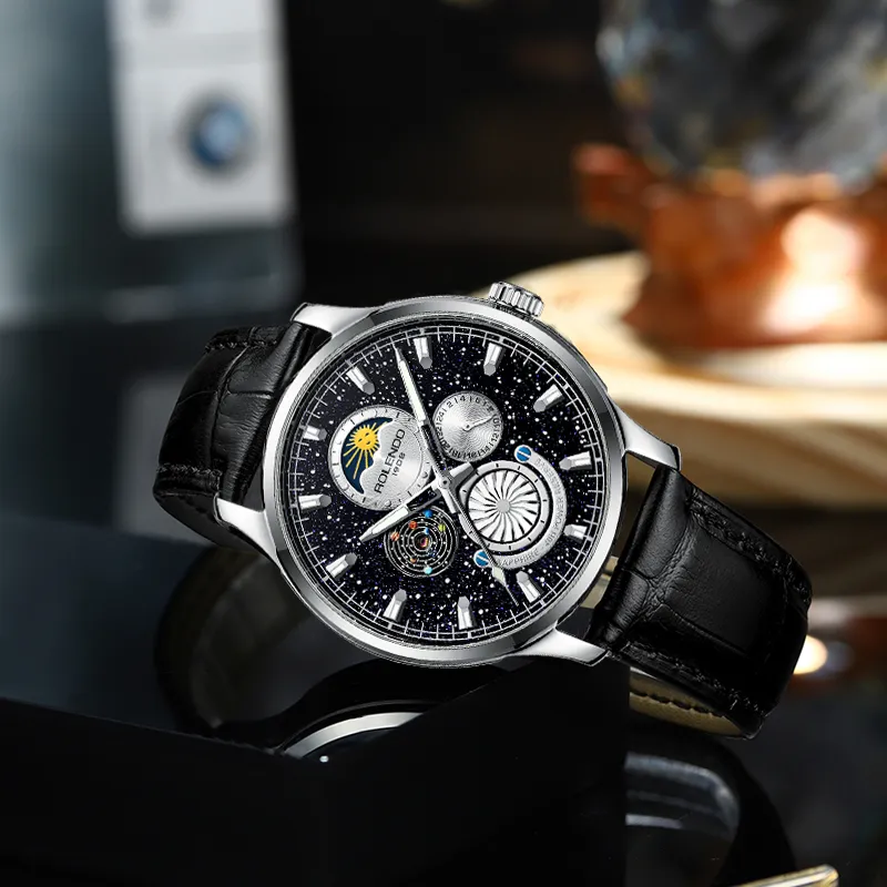 ROLENDO R Automatic Mechanical Movement Cow Leather Strap Watch Men's Watches Black Dial-4