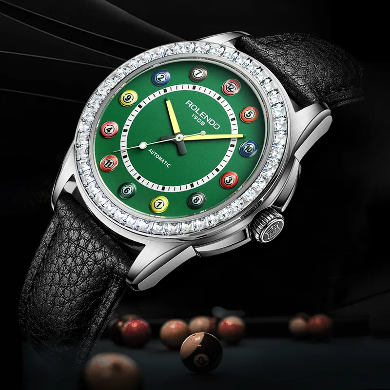 ROLENDO R Pool Table Master Collection Automatic Mechanical Movement Cowhide Strap Watch Men's Watches Green Dial-2