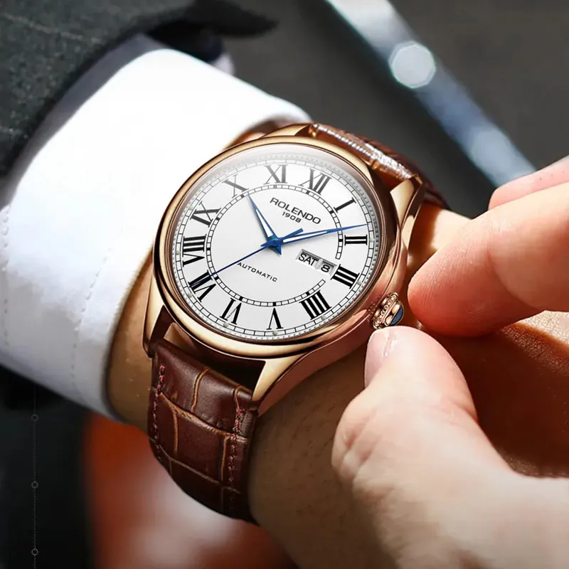 ROLENDO R Automatic Mechanical Movement Cowhide Strap Watch Men's Watches White Dial-4