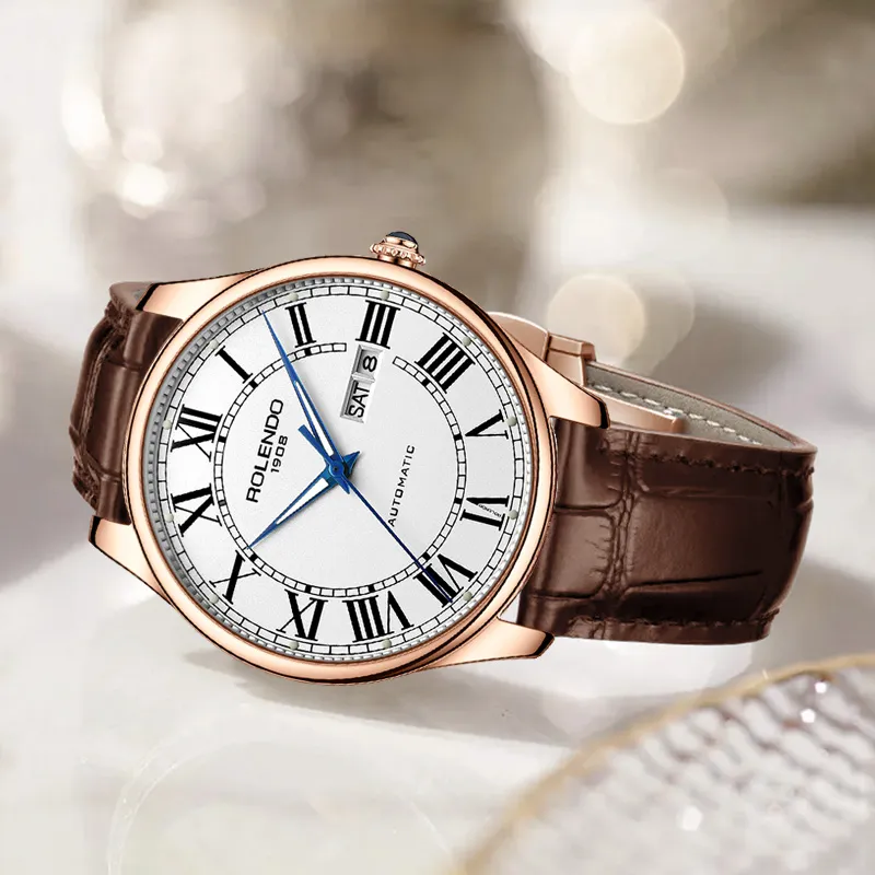 ROLENDO R Automatic Mechanical Movement Cowhide Strap Watch Men's Watches White Dial-2