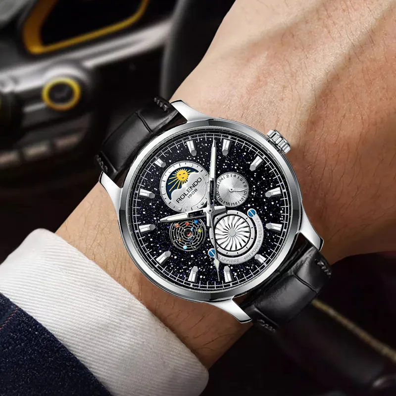 ROLENDO R Automatic Mechanical Movement Cow Leather Strap Watch Men's Watches Black Dial-6