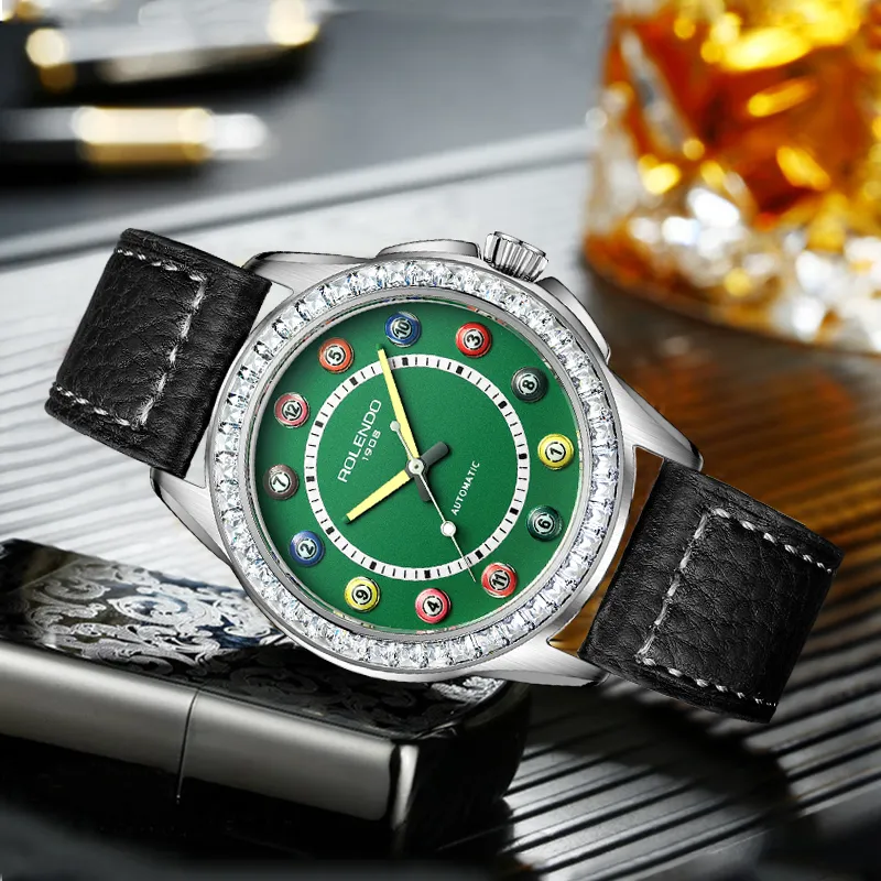 ROLENDO R Pool Table Master Collection Automatic Mechanical Movement Cowhide Strap Watch Men's Watches Green Dial-1