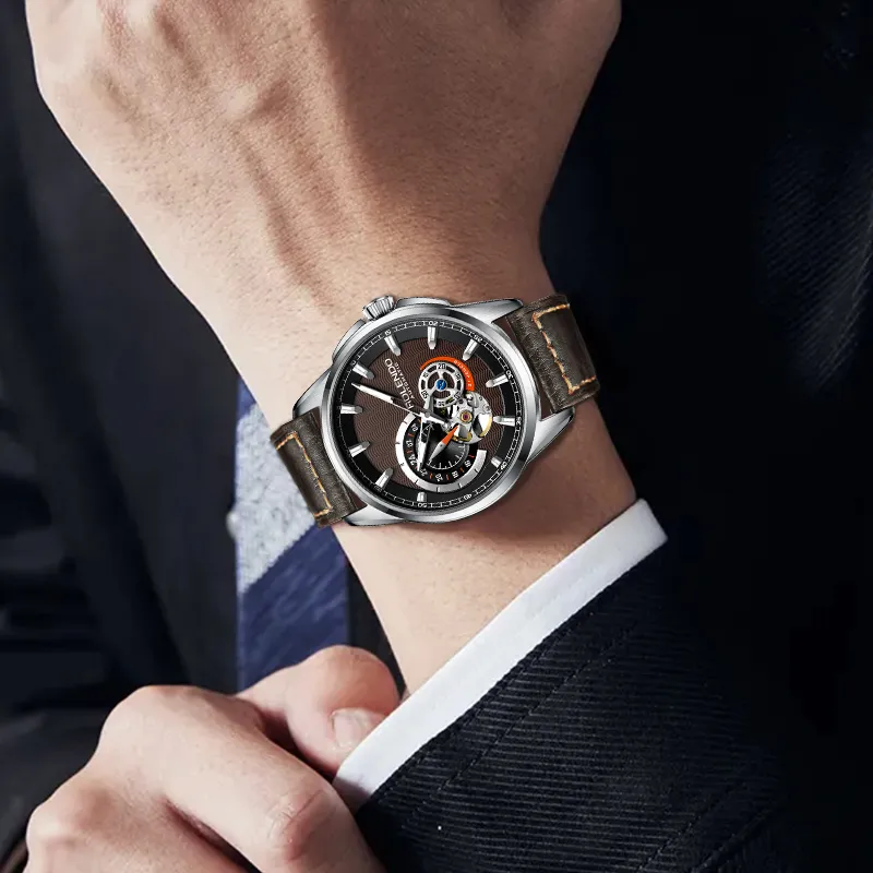 ROLENDO R Automatic Mechanical Movement Cowhide Strap Watch Men's Watches Coffee Watch Dial-2