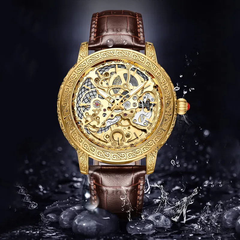 ROLENDO R Automatic Mechanical Movement Cowhide Strap Watch Men's Watches Gold Dial-3