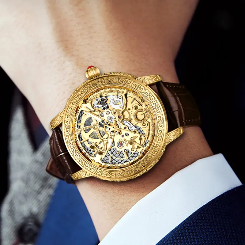 ROLENDO R Automatic Mechanical Movement Cowhide Strap Watch Men's Watches Gold Dial-1