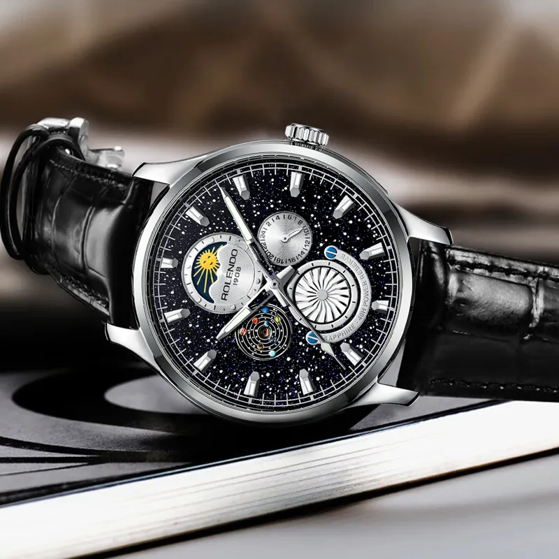 ROLENDO R Automatic Mechanical Movement Cow Leather Strap Watch Men's Watches Black Dial-3
