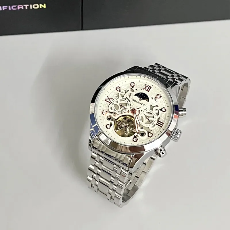 ROLENDO R Automatic Mechanical Movement Stainless Steel Watchband Watch Men's Watches White Dial-3