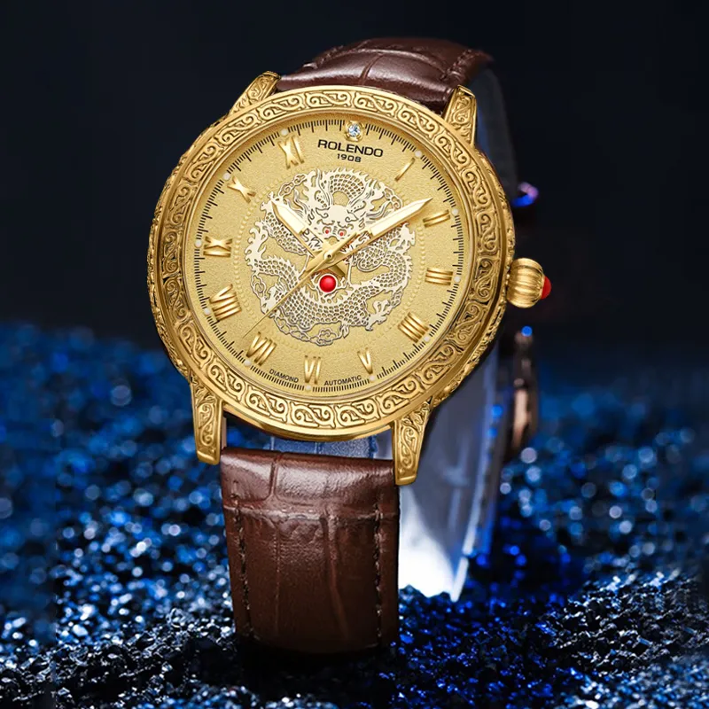 ROLENDO R Automatic Mechanical Movement Cowhide Strap Watch Men's Watches Gold Dial-5