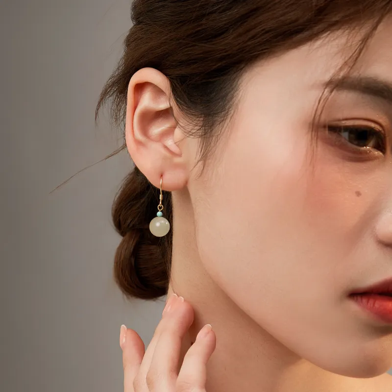 Lao Feng Xiang Hetian Jade Earrings Green Jade Women's-5