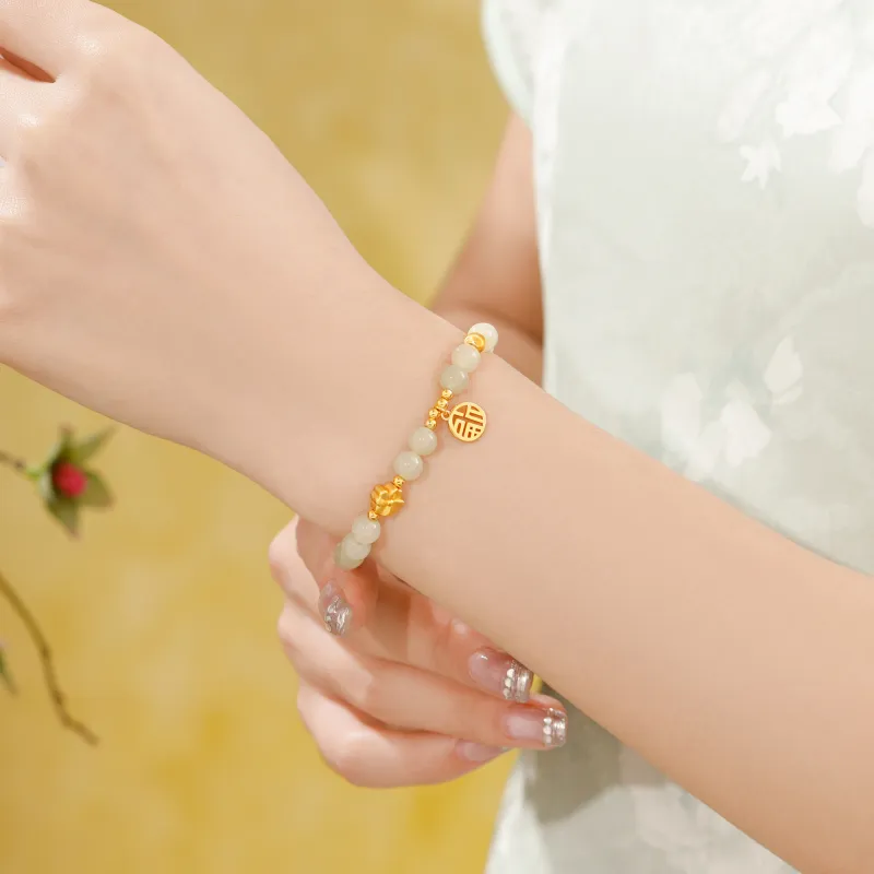 Lao Feng Xiang Beaded Bracelet Girl Green Jade Women's-3