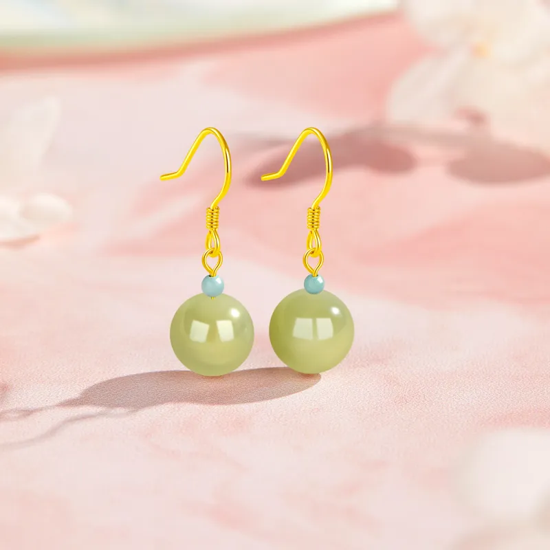 Lao Feng Xiang Hetian Jade Earrings Green Jade Women's-2