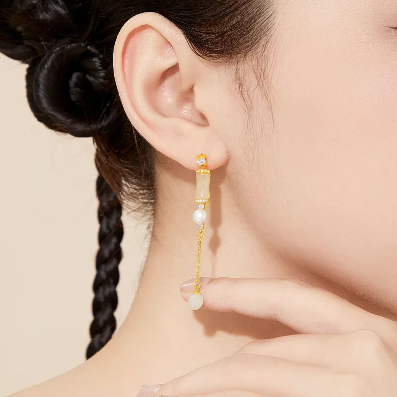 Lao Feng Xiang Hetian Jade Earrings Pale Greenish White Jade Women's-4