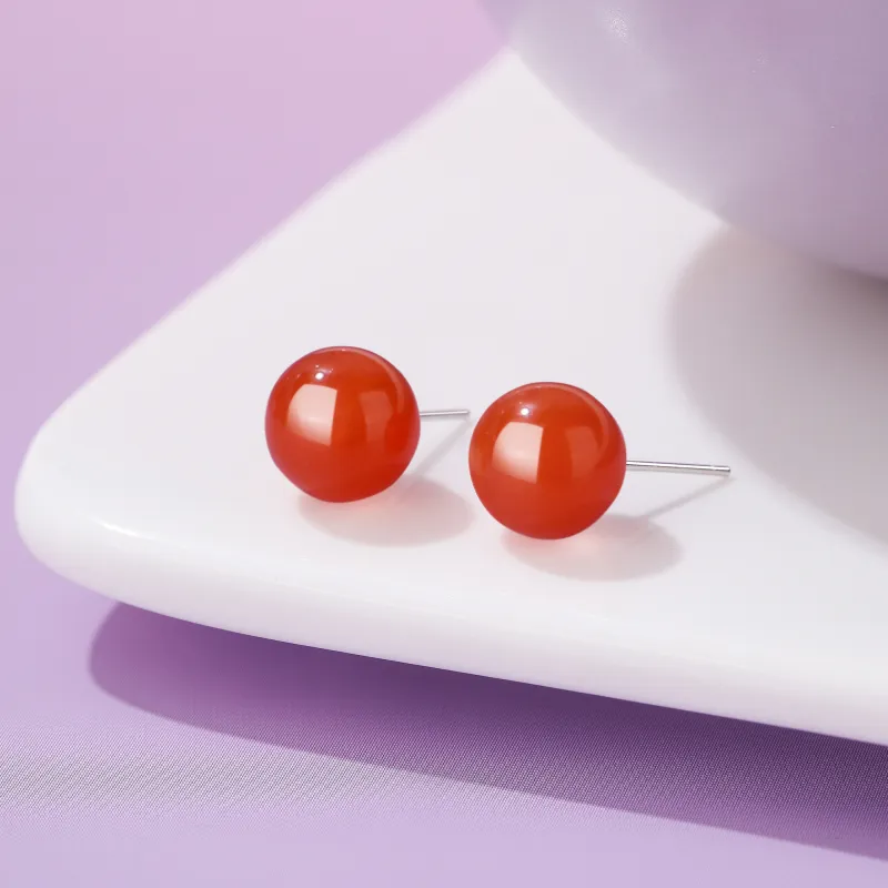 Lao Feng Xiang Natural Agate Stud Earrings Women's-13