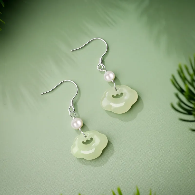 Lao Feng Xiang Hetian Jade Earrings Green Jade Women's-1
