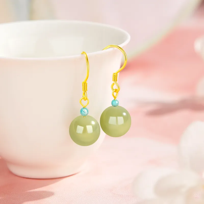 Lao Feng Xiang Hetian Jade Earrings Green Jade Women's-4