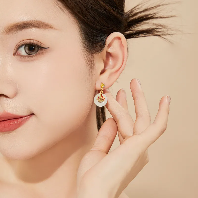 Lao Feng Xiang Hetian Jade Earrings Pale Greenish White Jade Women's-6