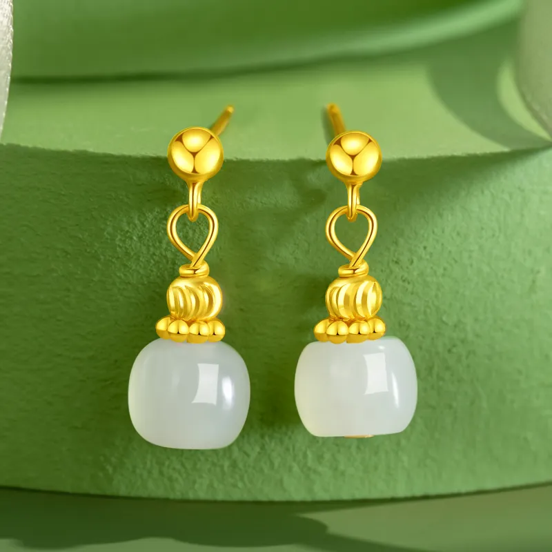 Lao Feng Xiang Hetian Jade Earrings Pale Greenish White Jade Women's-1