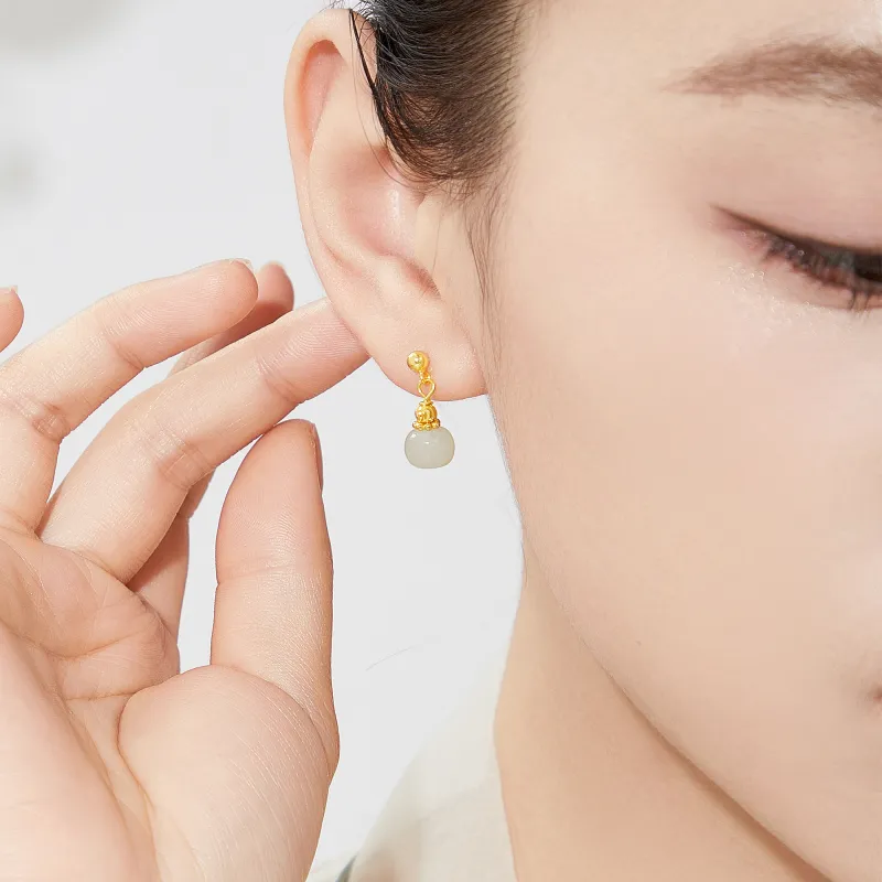Lao Feng Xiang Hetian Jade Earrings Pale Greenish White Jade Women's-2