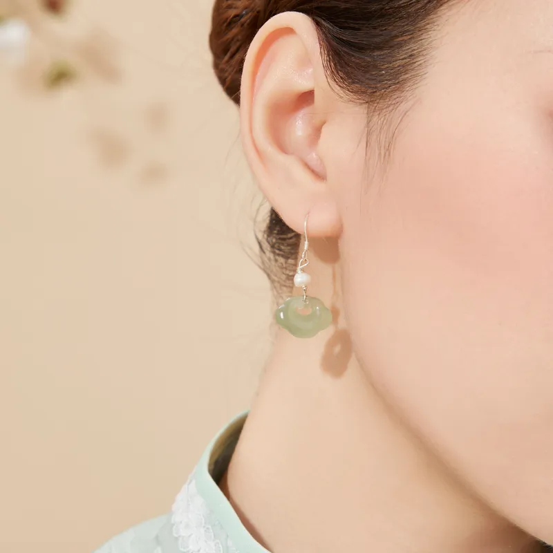 Lao Feng Xiang Hetian Jade Earrings Green Jade Women's-2