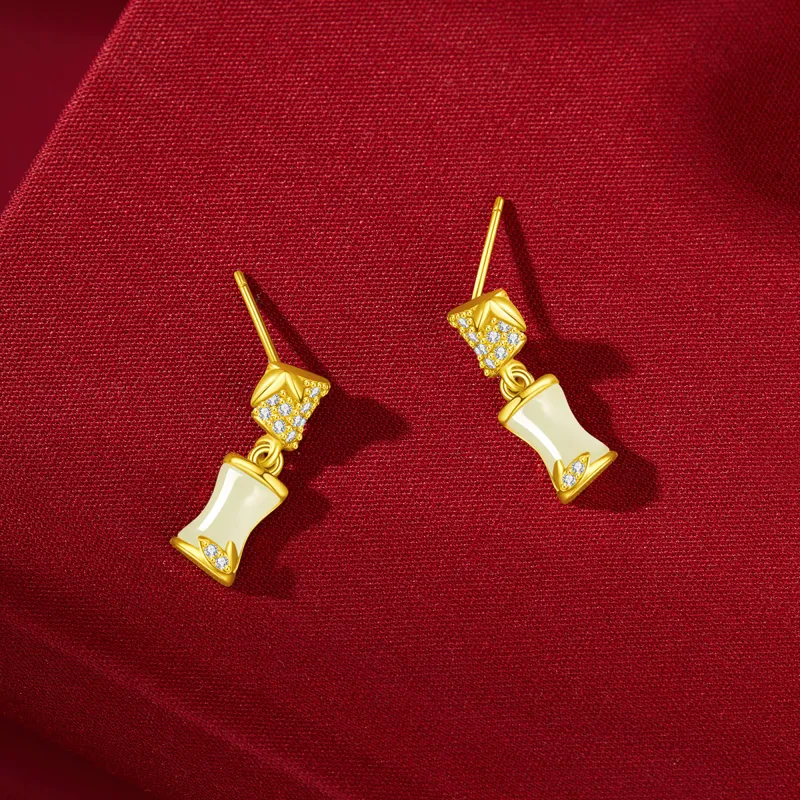 Lao Feng Xiang Hetian Jade Earrings Pale Greenish White Jade Women's-3