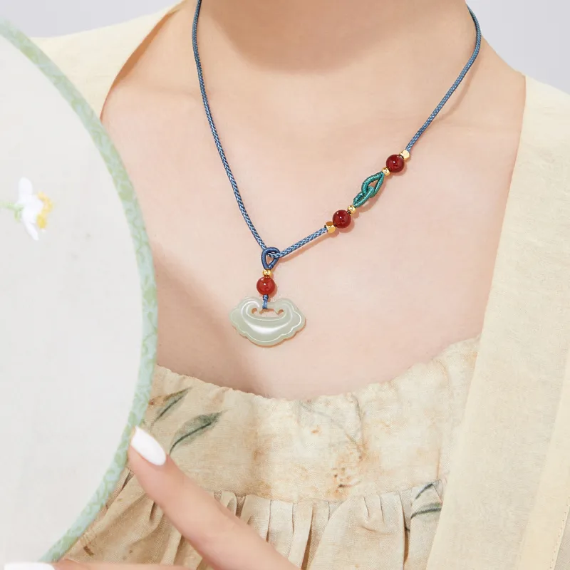 Lao Feng Xiang Hetian Jade Necklaces Green Jade Women's-3