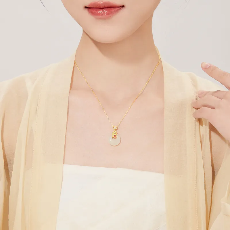 Lao Feng Xiang Hetian Jade Necklaces Pale Greenish White Jade Women's-6