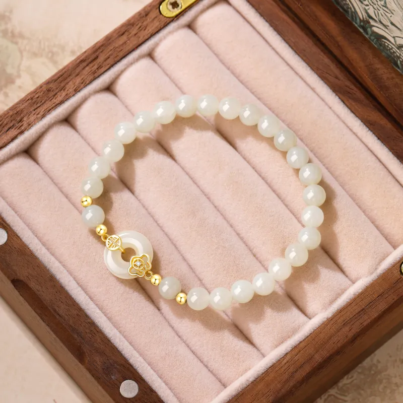 Lao Feng Xiang Hetian Jade Bracelets Pale Greenish White Jade Women's-7