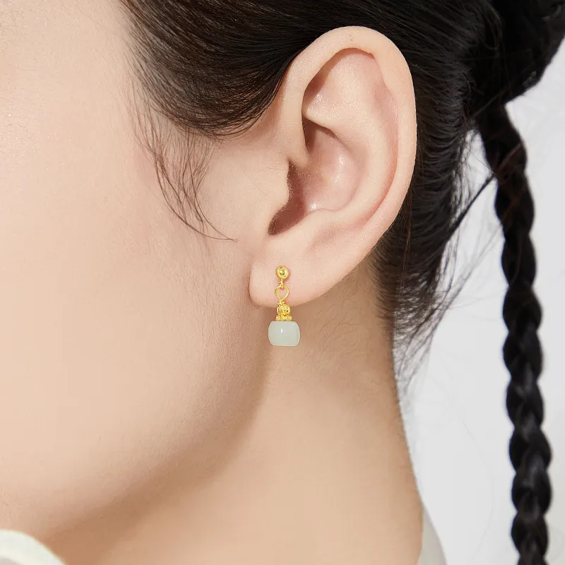 Lao Feng Xiang Hetian Jade Earrings Pale Greenish White Jade Women's-6