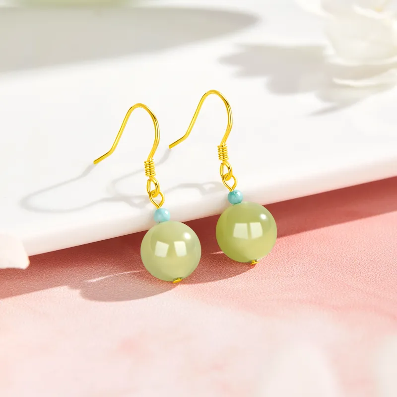 Lao Feng Xiang Hetian Jade Earrings Green Jade Women's-6