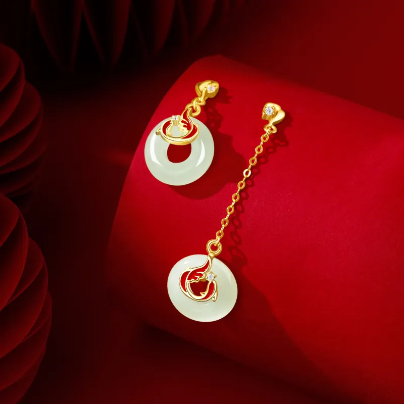 Lao Feng Xiang Hetian Jade Earrings Pale Greenish White Jade Women's-3