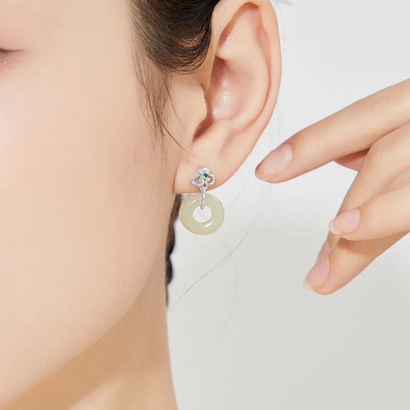 Lao Feng Xiang Hetian Jade Earrings Green Jade Women's-8