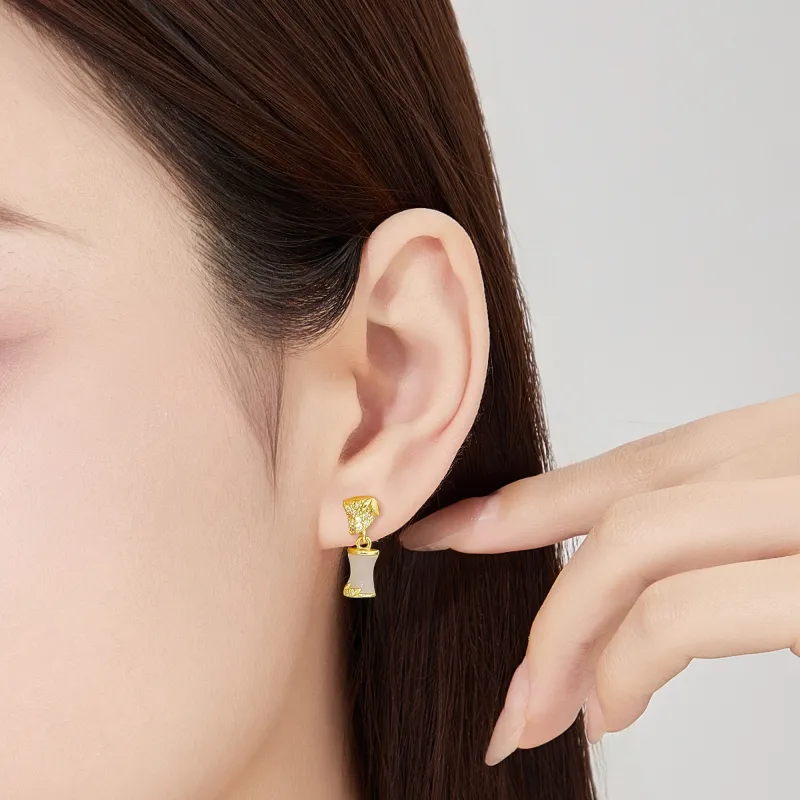 Lao Feng Xiang Hetian Jade Earrings Pale Greenish White Jade Women's-2