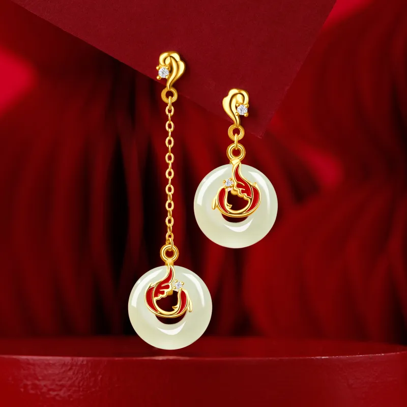 Lao Feng Xiang Hetian Jade Earrings Pale Greenish White Jade Women's-1