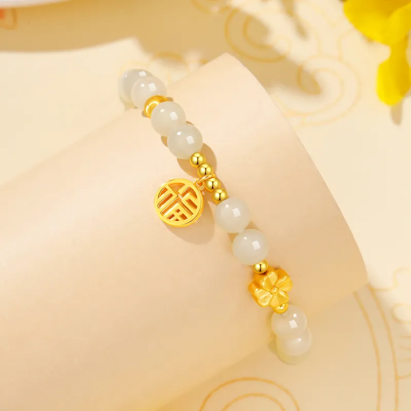 Lao Feng Xiang Beaded Bracelet Girl Green Jade Women's-4