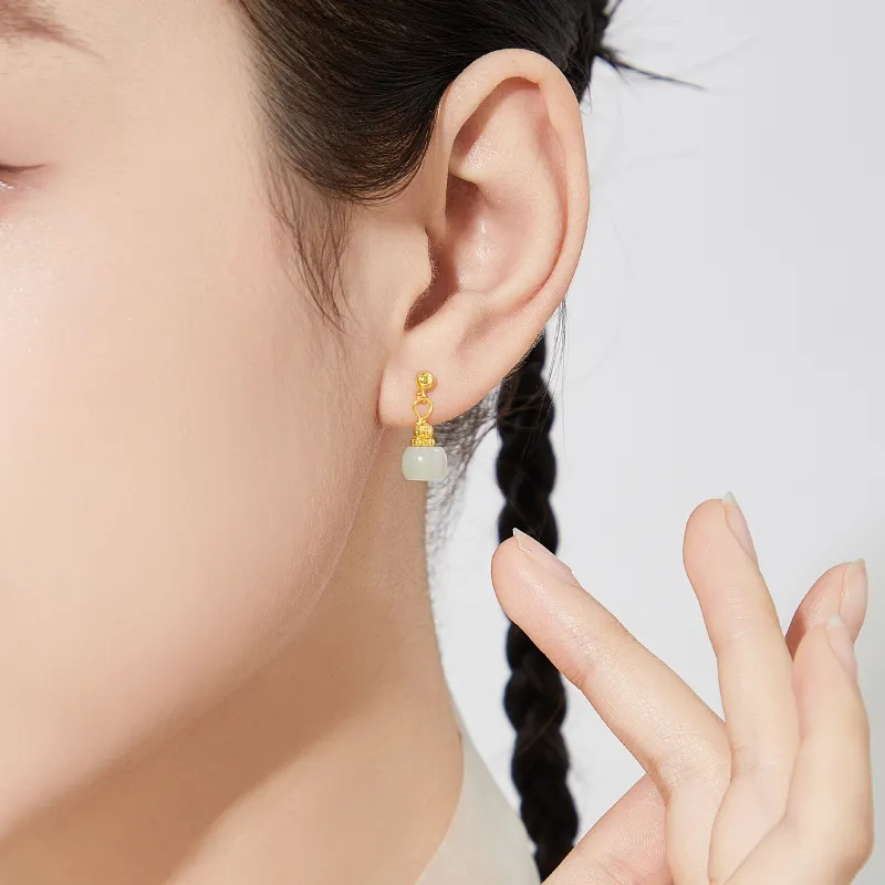 Lao Feng Xiang Hetian Jade Earrings Pale Greenish White Jade Women's-4
