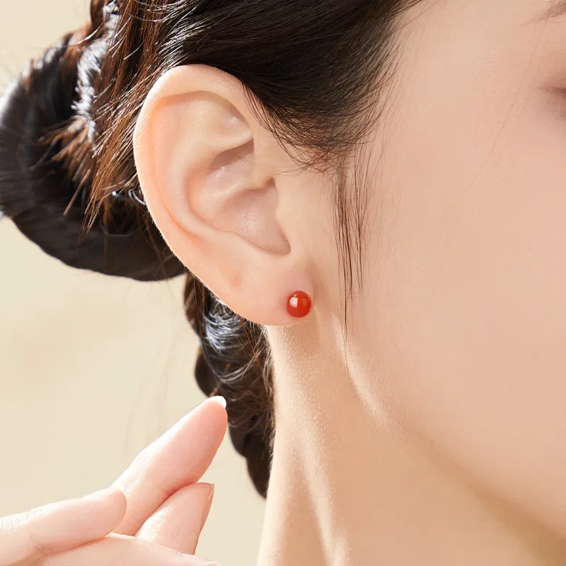 Lao Feng Xiang Natural Agate Stud Earrings Women's-12