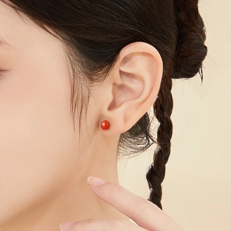 Lao Feng Xiang Natural Agate Stud Earrings Women's-14