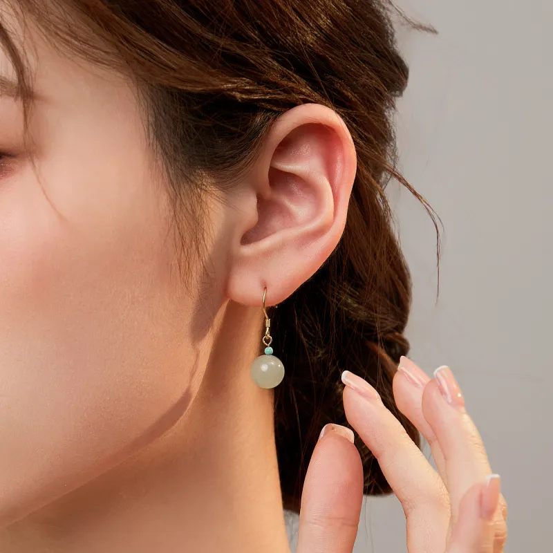 Lao Feng Xiang Hetian Jade Earrings Green Jade Women's-1