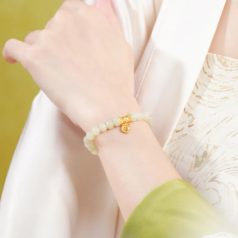 Lao Feng Xiang Hetian Jade Bracelets Pale Greenish White Jade Women's-5