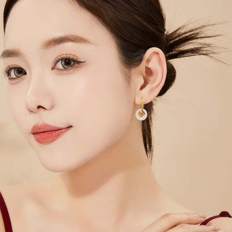 Lao Feng Xiang Hetian Jade Earrings Pale Greenish White Jade Women's-2