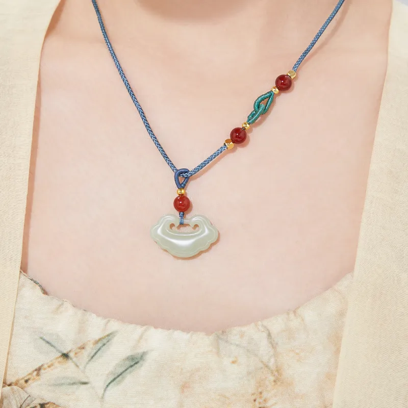 Lao Feng Xiang Hetian Jade Necklaces Green Jade Women's-5
