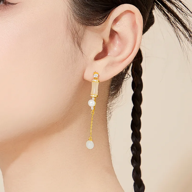 Lao Feng Xiang Hetian Jade Earrings Pale Greenish White Jade Women's-6