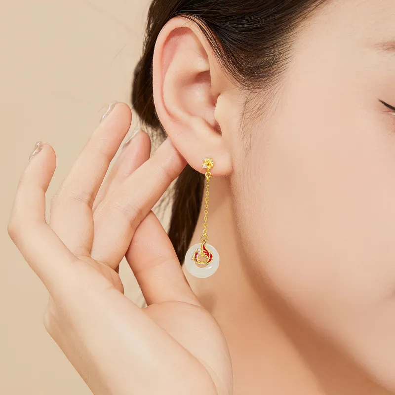Lao Feng Xiang Hetian Jade Earrings Pale Greenish White Jade Women's-4