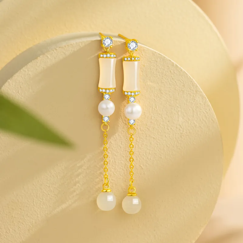 Lao Feng Xiang Hetian Jade Earrings Pale Greenish White Jade Women's-1