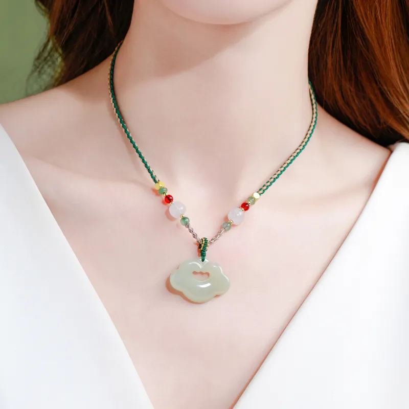 Lao Feng Xiang Hetian Jade Necklaces Green Jade Women's-5