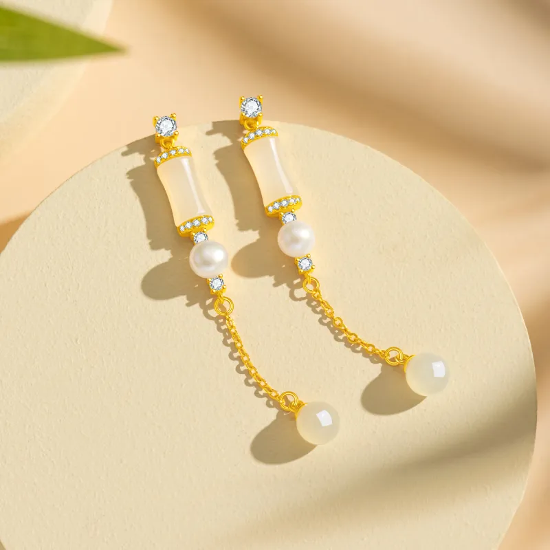 Lao Feng Xiang Hetian Jade Earrings Pale Greenish White Jade Women's-2