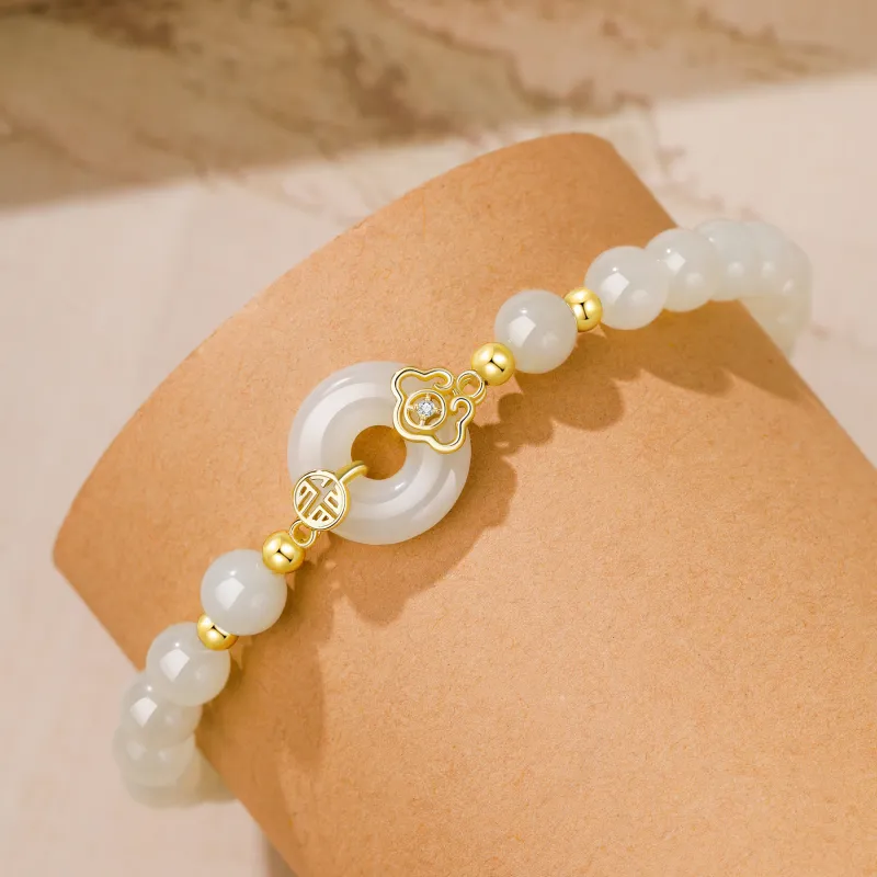 Lao Feng Xiang Hetian Jade Bracelets Pale Greenish White Jade Women's-5
