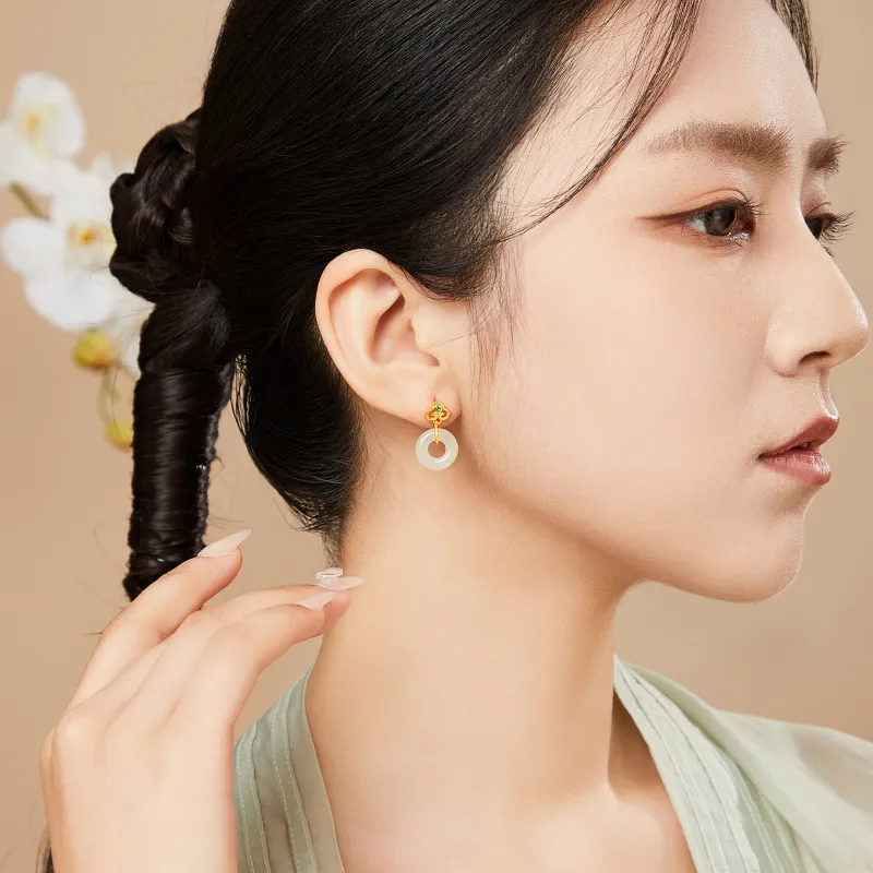 Lao Feng Xiang Hetian Jade Earrings Green Jade Women's-3
